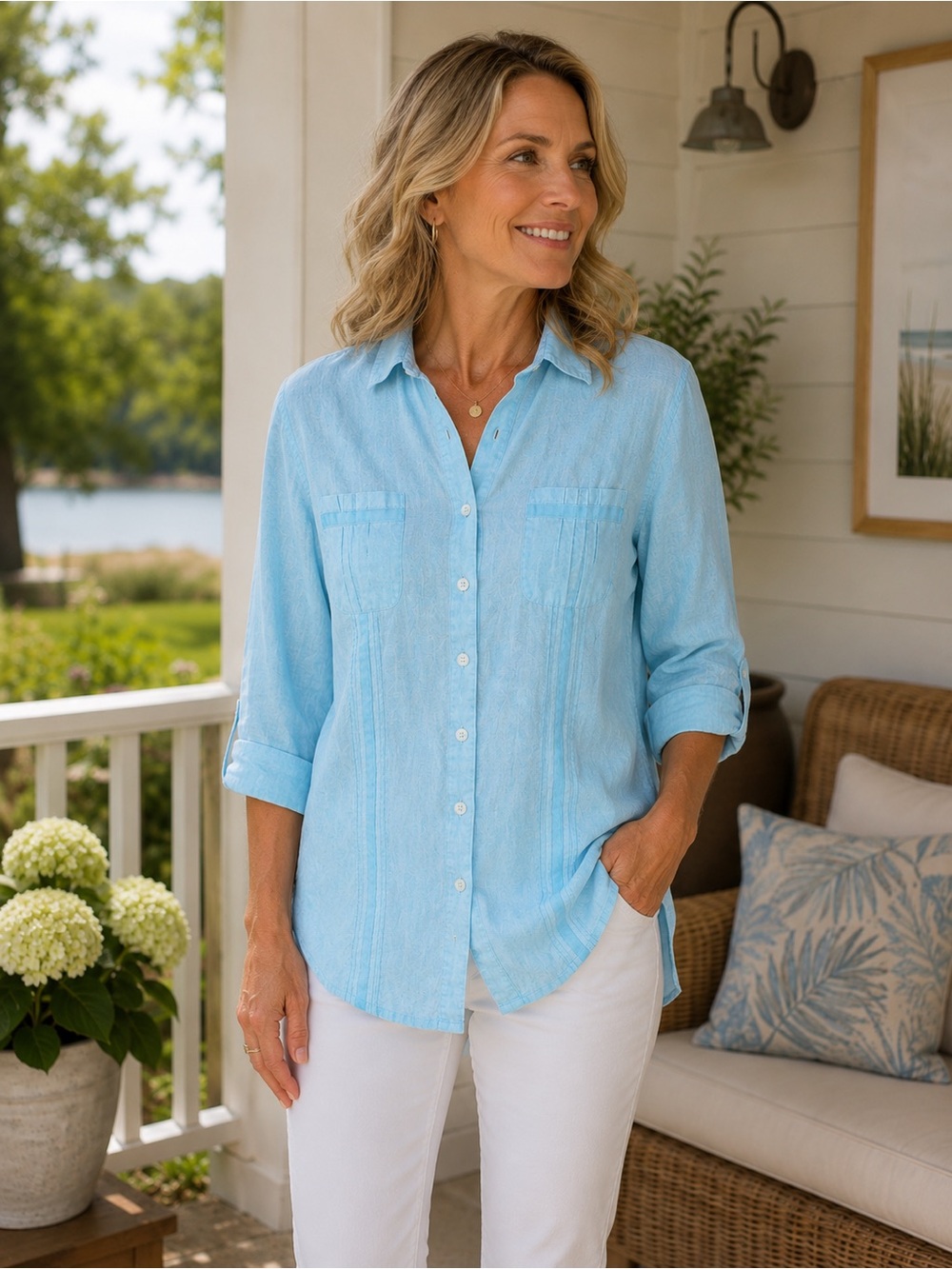 Carole Little 100% Linen Button Front Tunic Shirt Blue Size Large